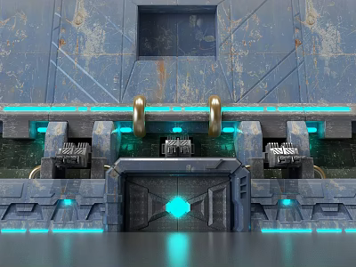 Sci Fi Cartoon Scene With Blue Metallic Walls Rusty Textures And Glowing Diamond Door 3d model