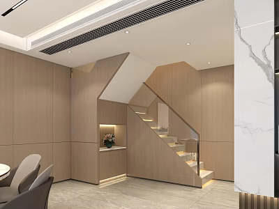 Modern Interior Space With Wooden Walls Staircase Marble Accents And Lighting Design 3d model