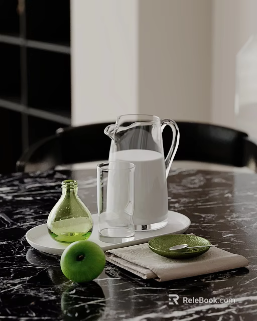 Modern Decorative Ornament Combination With Glass Jug Cup Green Bottle And Tray On Marble Table 3d model 