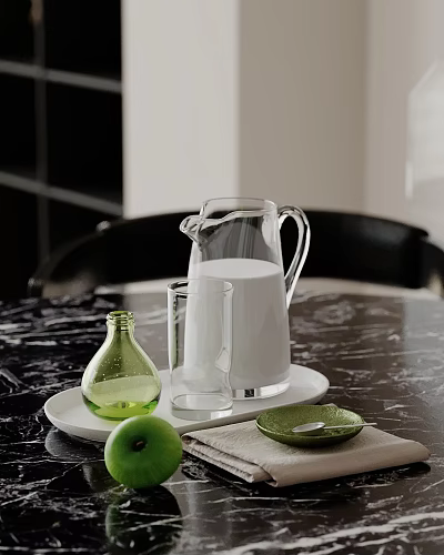 Modern Decorative Ornament Combination With Glass Jug Cup Green Bottle And Tray On Marble Table 3d model