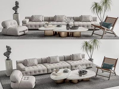 Modern Gray Sofa with Multiple Cushions and Round Coffee Tables with Metal Bases and Ottoman 3d model