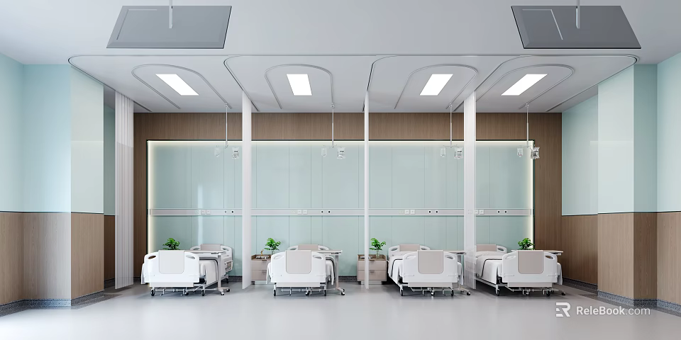 Modern Hospital Outpatient Clinic With Beds Plants And Wall Panels 3d model 