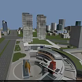 Modern Urban Commercial Street With Tall Buildings Green Lawns And Pedestrian Areas