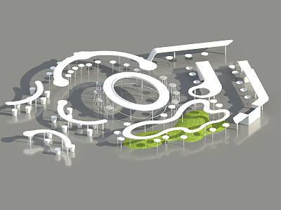 Modern Circular Outdoor Tables In Leisure Area With Green Lawn And White Canopies 3d model