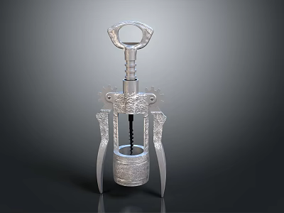 Silver Corkscrew Tool With Spiral Drill And Support Stand Design 3d model