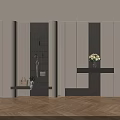 Beige And Black Modern Shoe Cabinet With Open Shelves Storage And Decorative Flowers
