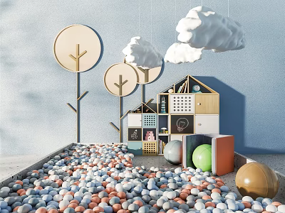 Children Friendly Wooden Bookcase With House Shape Cloud Decor And Colorful Ball Pit 3d model