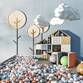 Children Friendly Wooden Bookcase With House Shape Cloud Decor And Colorful Ball Pit