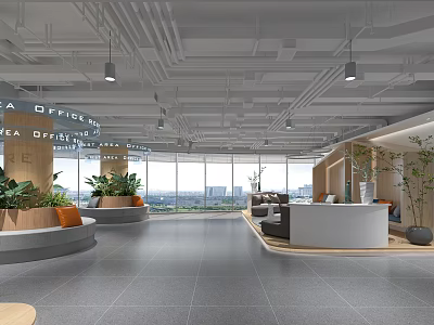 Open Office Lounge Area With Large Windows Green Plants Comfortable Sofas And Carpets 3d model