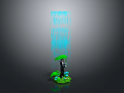 Person Standing Under Green Umbrella With Blue Raindrops On Green Grass 3d model