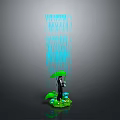 Person Standing Under Green Umbrella With Blue Raindrops On Green Grass