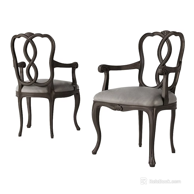 Classical Style Armchair With Carved Design Dark Wooden Frame And Light Colored Cushion 3d model 