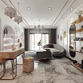 Elegant Boutique With White Shelves Marble Table Green Plants Pink Products Arched Doorways And Chandelier