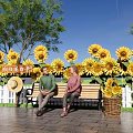 Scenic Bench Surrounded By Sunflowers White Picket Fence And Two People Under Blue Sky