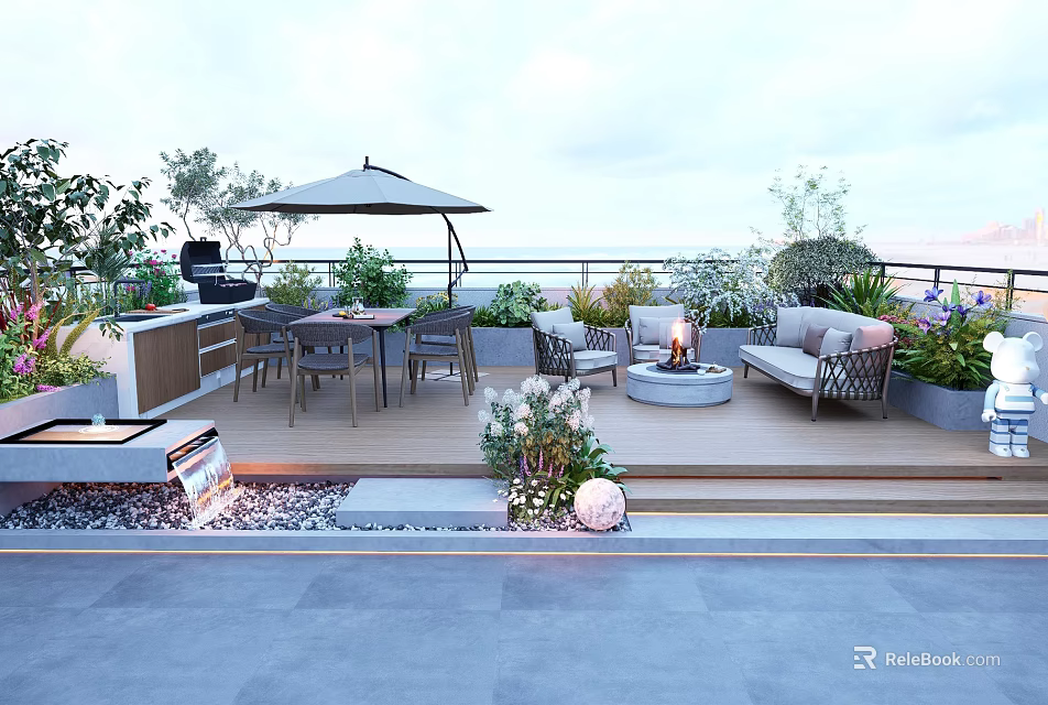 Roof Garden Terrace With Outdoor Furniture Fire Pit Grill And Lush Plants 3d model 