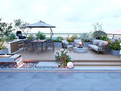 Roof Garden Terrace With Outdoor Furniture Fire Pit Grill And Lush Plants 3d model