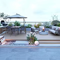 Roof Garden Terrace With Outdoor Furniture Fire Pit Grill And Lush Plants