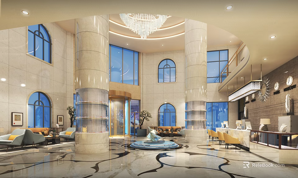 Luxurious Hotel Lobby Featuring Tall Marble Columns Arched Windows Crystal Chandelier Central Fountain and Seating 3d model 