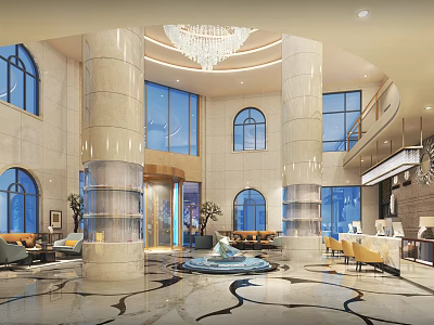 Luxurious Hotel Lobby Featuring Tall Marble Columns Arched Windows Crystal Chandelier Central Fountain and Seating 3d model