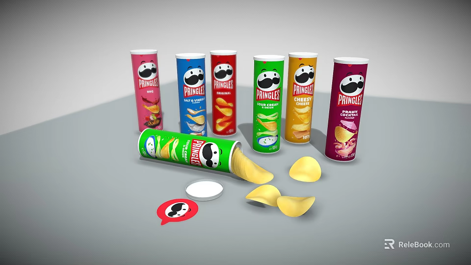 Pringles Snack Cans In Various Colors With Scattered Chips Lid And Speech Bubble Sticker 3d model 