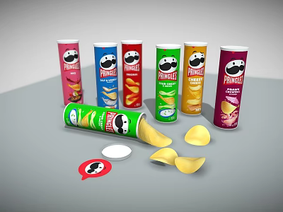Pringles Snack Cans In Various Colors With Scattered Chips Lid And Speech Bubble Sticker 3d model