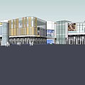Modern Commercial Street With Glass Curtain Walls Wooden Design Pedestrian Area And Staircases