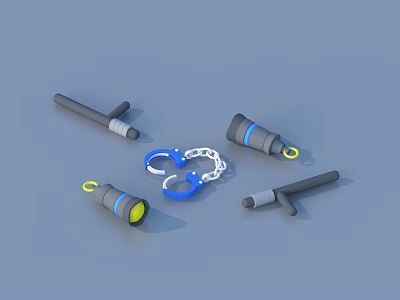 Blue Handcuffs And Gray Tactical Tools With Yellow Rings On Blue Surface 3d model