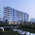 Modern Residential Building with Glass Curtain Walls Landscaped Gardens Lawn Stone Pathway and Seating Area