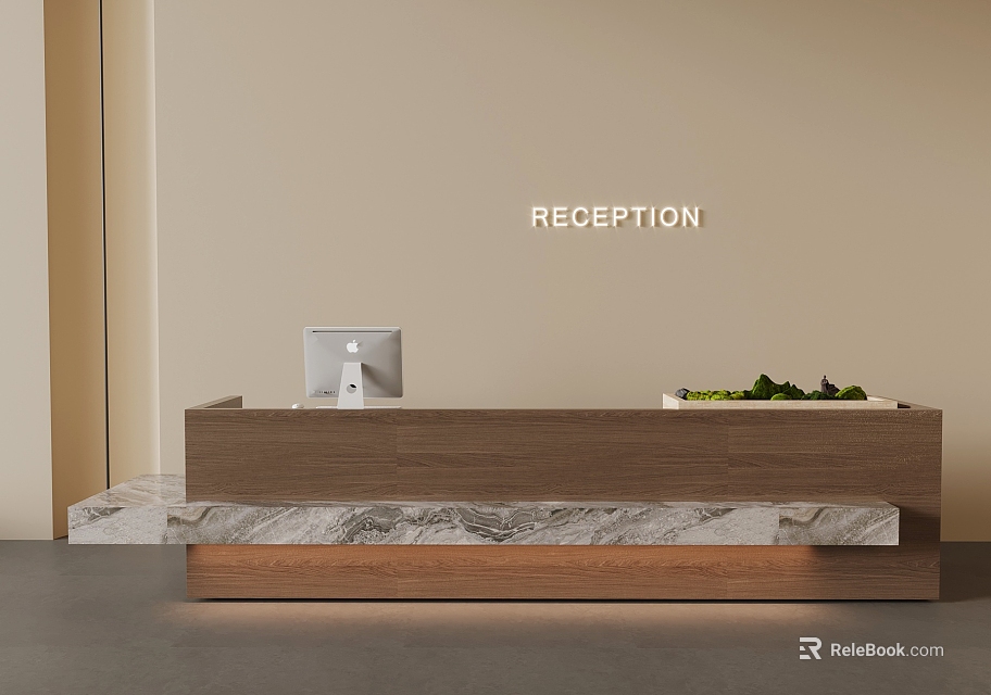 Modern Reception Desk Interior With Marble Top Computer And Green Plants 3d model 