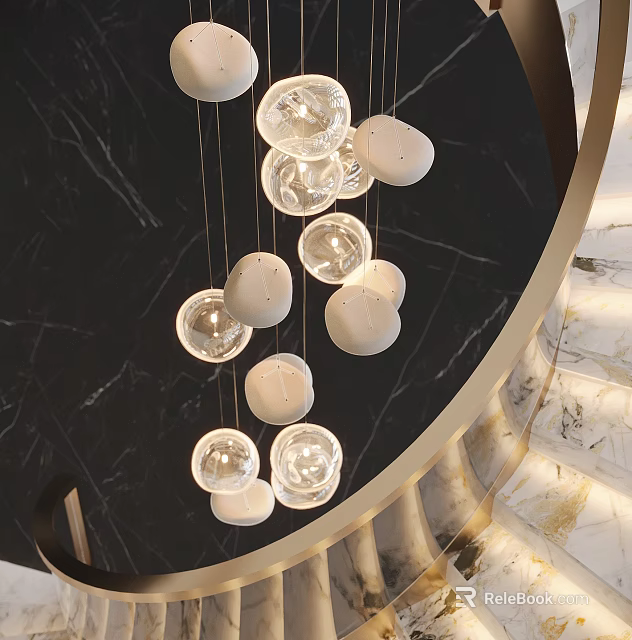 Modern Luxury Chandelier with Round Glass and White Balls Hanging in Marble Staircase Interior 3d model 