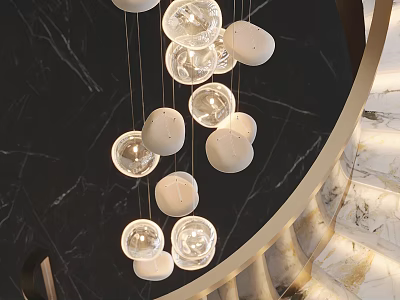 Modern Luxury Chandelier with Round Glass and White Balls Hanging in Marble Staircase Interior 3d model