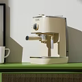 Modern Kitchen Appliance Beige Coffee Machine On Green Shelf With White Mugs And Plant Shadow