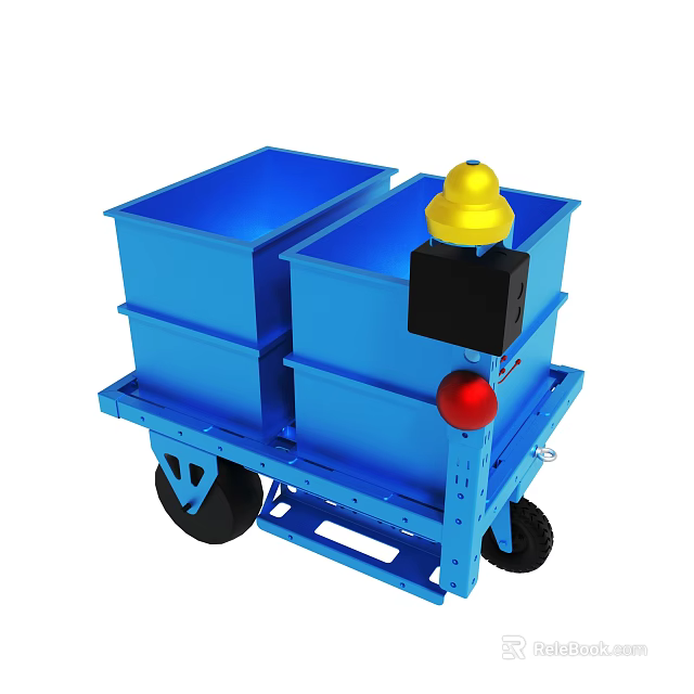 Blue Industrial Cart With Two Bins Yellow Top And Red Signal Light 3d model 