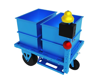 Blue Industrial Cart With Two Bins Yellow Top And Red Signal Light 3d model