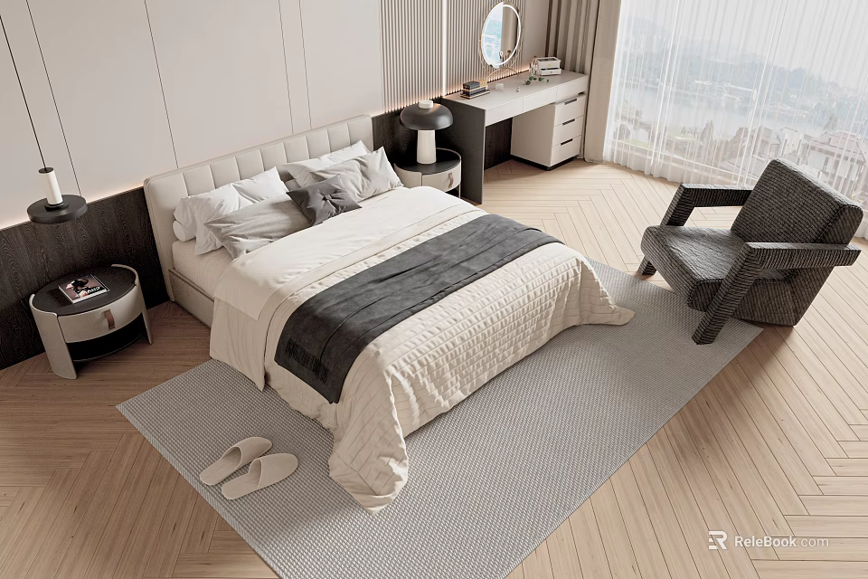 Double Bed with White Gray Bedding in Modern Bedroom with Nightstand Dressing Table Chair Rug 3d model 