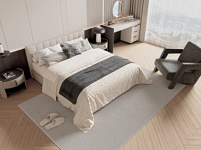 Double Bed with White Gray Bedding in Modern Bedroom with Nightstand Dressing Table Chair Rug 3d model