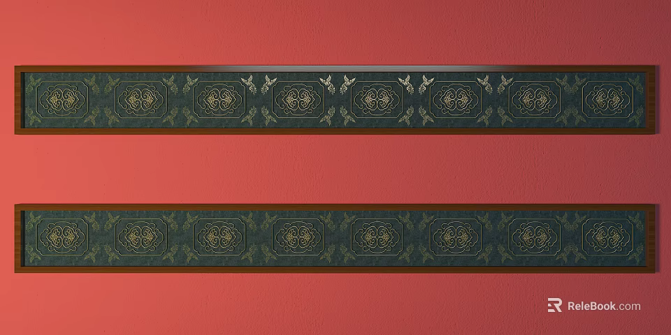 Red Wall With Dark Carved Decorative Bands Featuring Patterns Birds And Brown Borders 3d model