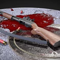 Vintage Wooden Stock Shotgun With Blood Stains And Scattered Bullets On Textured Ground