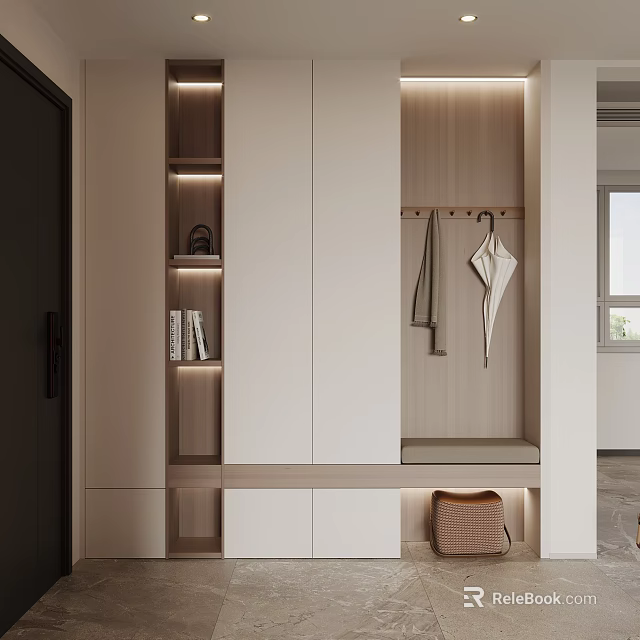 Modern Shoe Cabinet Design With Wooden Panels Coat Hooks LED Lighting And Entryway Storage 3d model 