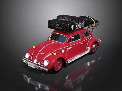Vibrant Red Volkswagen Beetle With Black Roof Luggage And Travel Gear 3d model