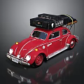 Vibrant Red Volkswagen Beetle With Black Roof Luggage And Travel Gear