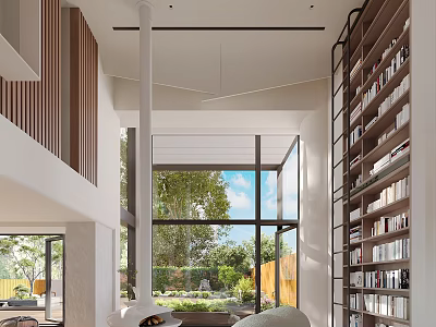 Modern Duplex Living Room Interior With High Ceiling Tall Windows Green Plants And Bookshelves 3d model