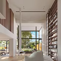 Modern Duplex Living Room Interior With High Ceiling Tall Windows Green Plants And Bookshelves