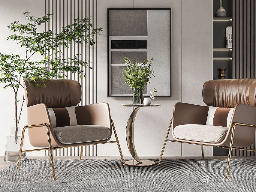 Modern Leisure Sofa Set With Two Armchairs Metal Legs Round Table And Green Plants 3d model 