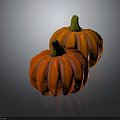 Two Fresh Orange Pumpkins With Green Stems On Black Background And Reflection