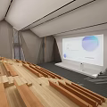 Modern Cinema Interior With Wooden Staircase Seating Gray Walls And Large Screen
