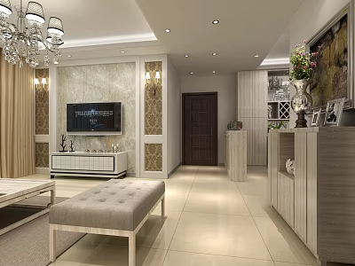 Modern Bright Living Room Interior With Elegant TV Wall Chandelier And Comfortable Soft Furnishings 3d model