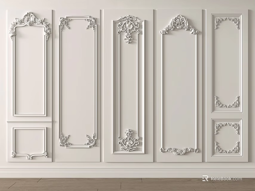 White Decorative Wainscoting Panels With Ornate Carved Details For Interior Wall Design 3d model 