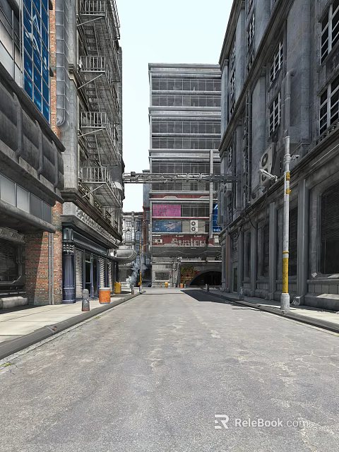 Historic Commercial Street Featuring Old Buildings Storefronts And Paved Road 3d model 