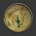 Carved Ceramic Bowl With Colorful Bird Pattern And Green Yellow Decorative Details